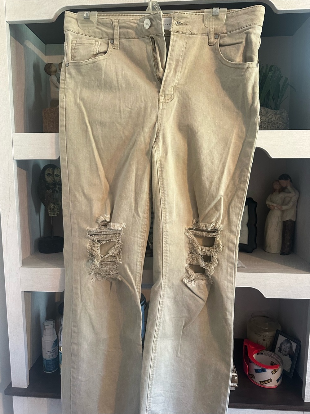 Women's Distressed Beige Jeans - Classic Fit Risen
